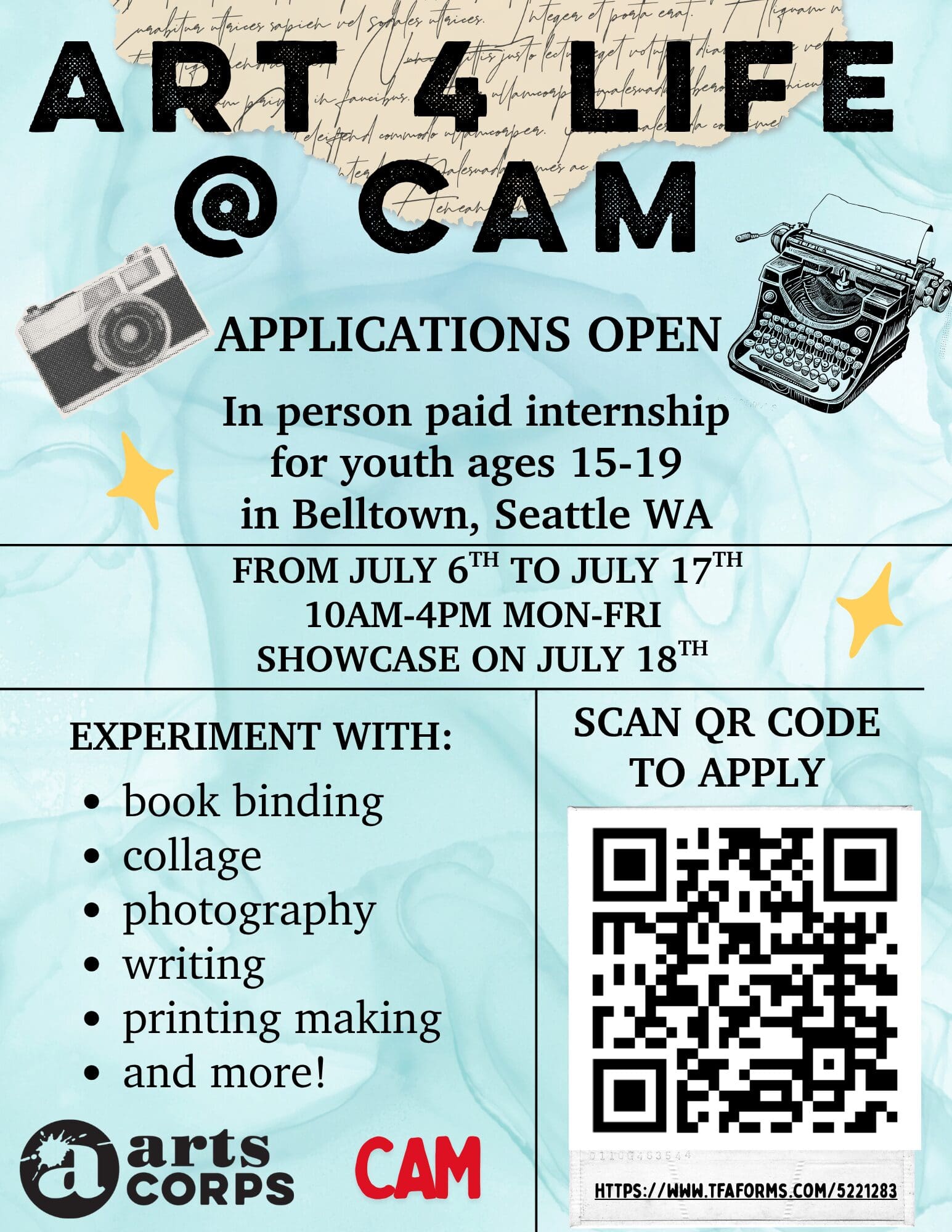 Blue flyer for "Art 4 Life CAM" with details about internship and QR code.