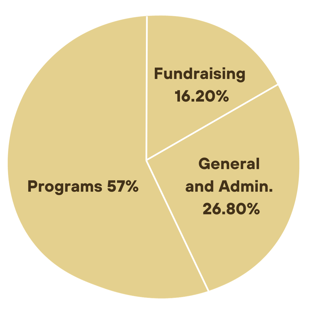Pie Chart: Programs 57%, Fundraising 16.20%, General and Admin 26.80%