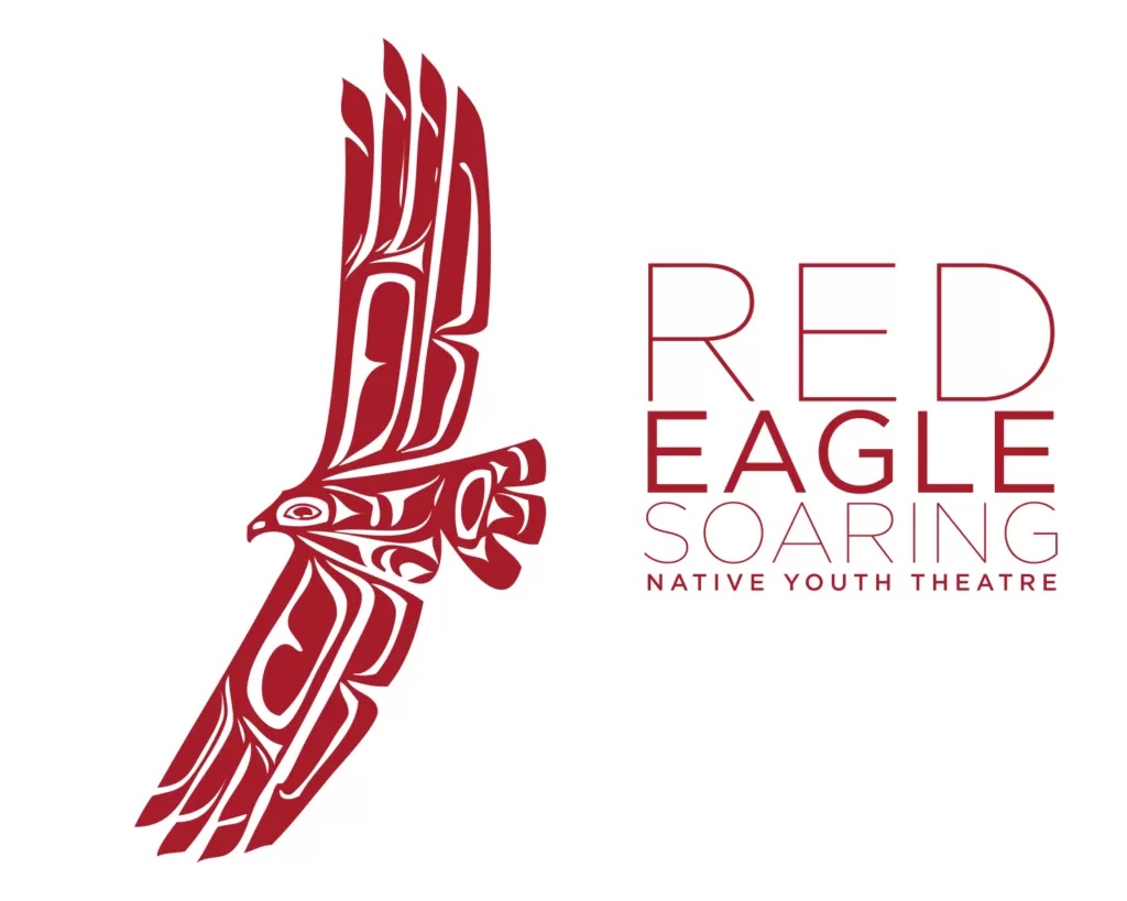 Red Eagle Soaring Native Youth Theatre logo, with red words and a red eagle flying left in Coast Salish style