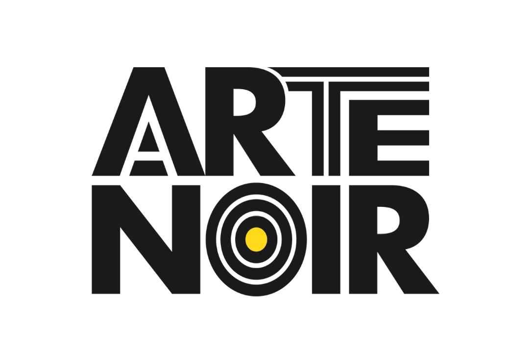 Logo, Arte Noir in black, blocky graphic letters with yellow dot in center of "o"