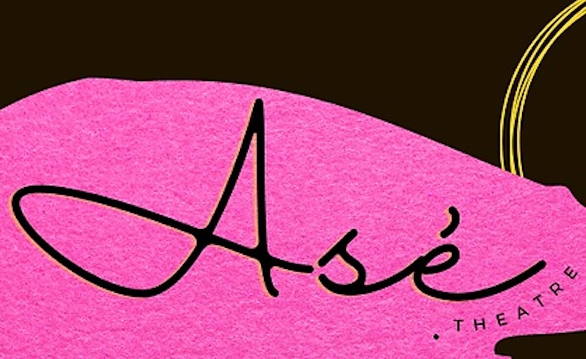 Asé theatre logo, "Asé" in big black cursive, and "Theatre" in sans serif caps, pink over black background