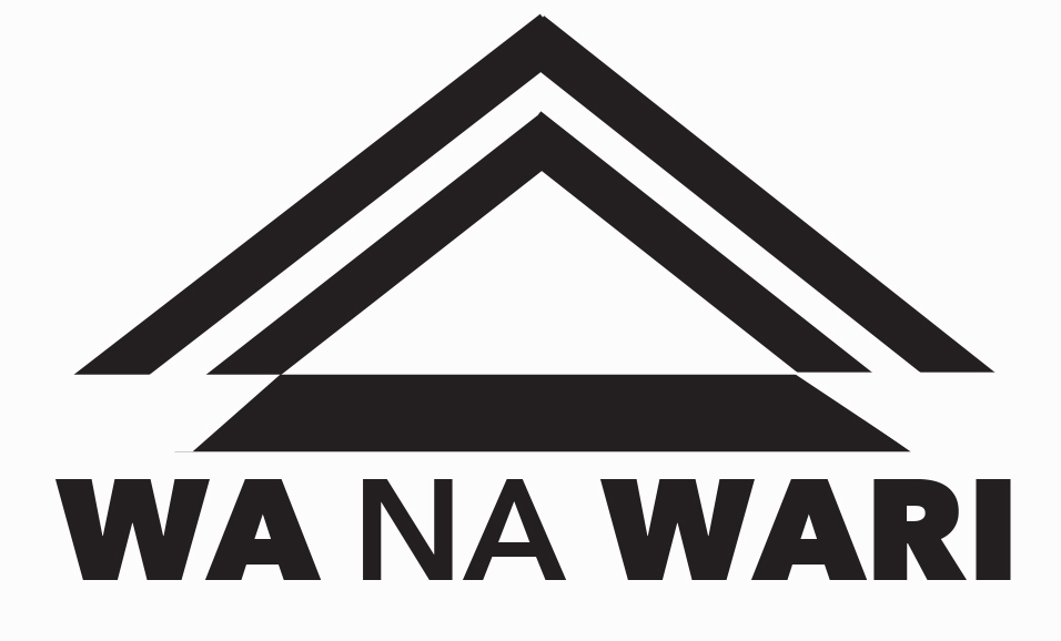"Wa Na Wari" logo, with black caps, "Wa" and "Nari" bolded. On top, two black triangle outlines over trapezoid, like a roof