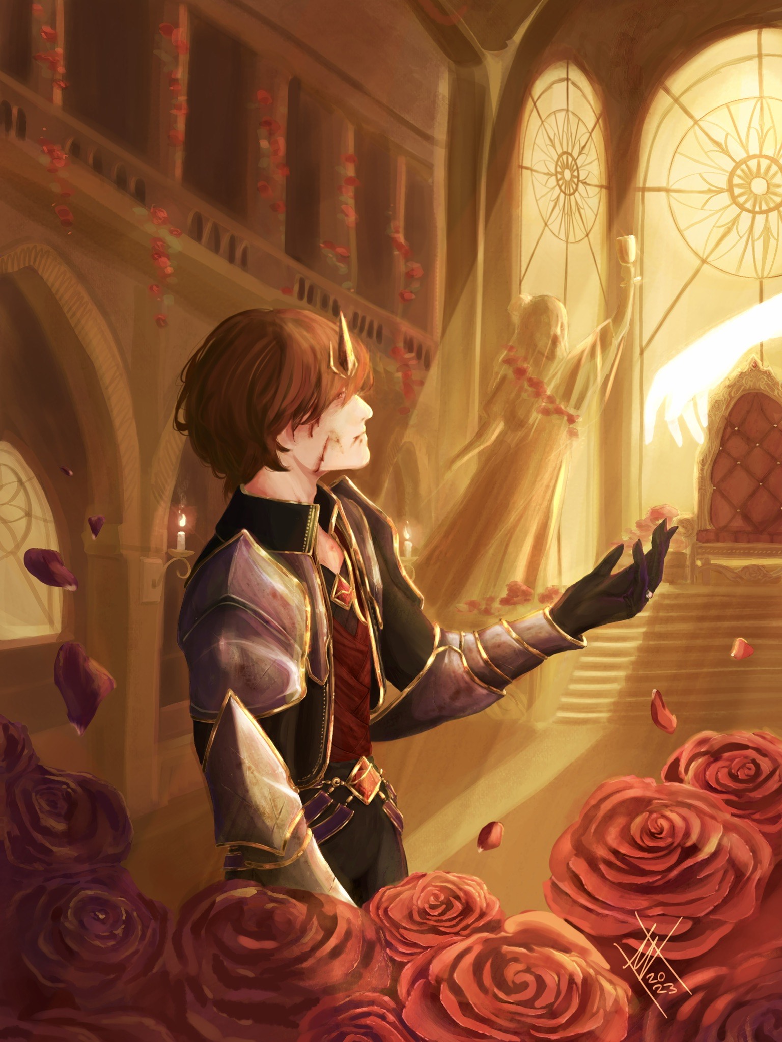 Digital art by Mica Viacrucis: a king wearing battered armor in a throne room, light streaming in and roses losing petals