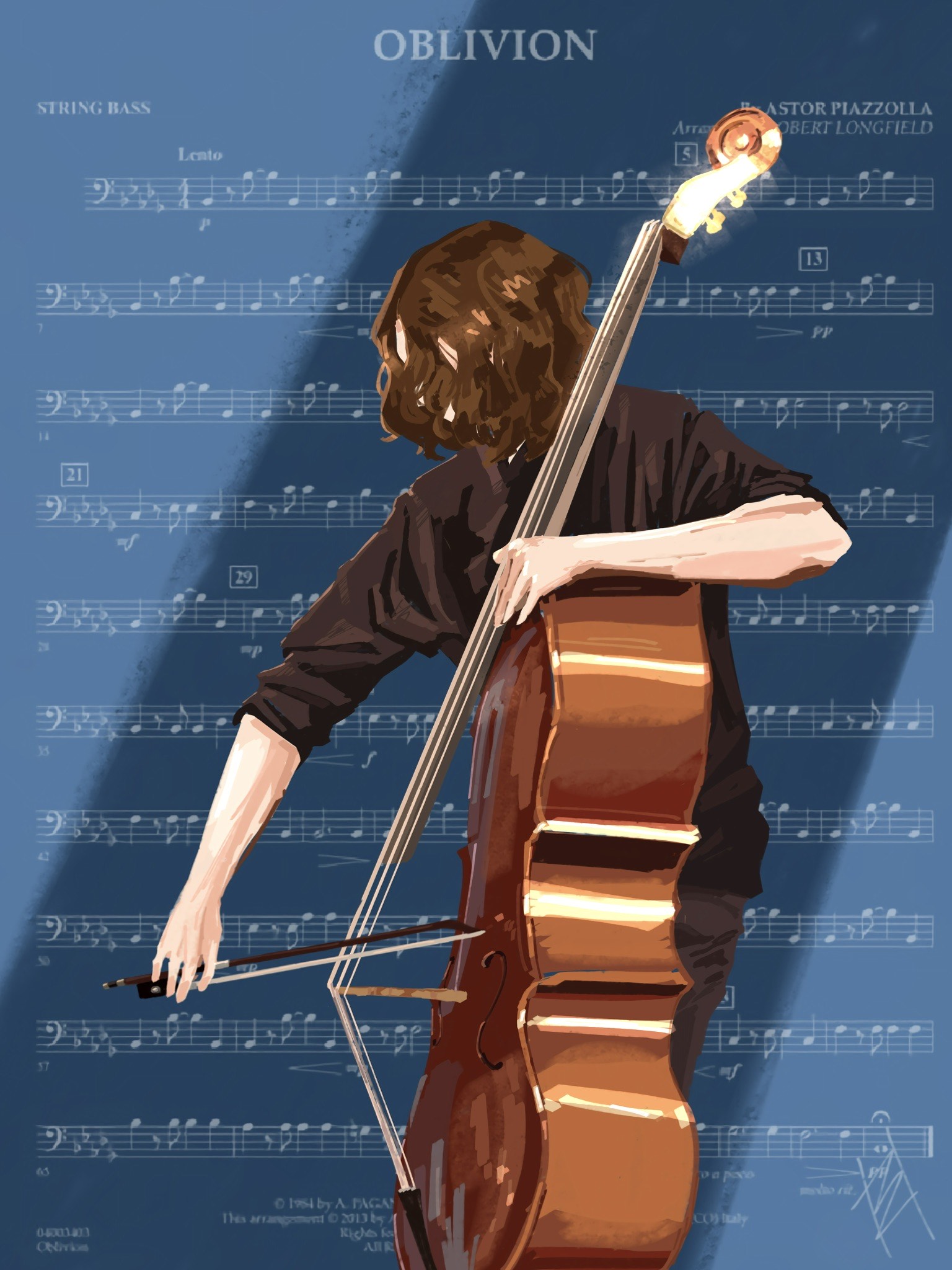 Digital art by Mica Viacrucis: a string bassist playing, with a blue background of sheet music titled Oblivion