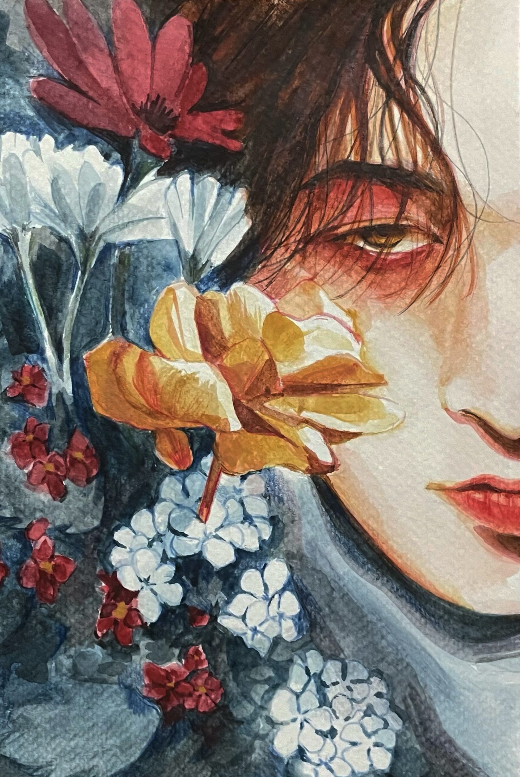 Watercolor and colored pencil piece by Mica Viacrucis of half a face with abrun around the eye, surrounded by flowers