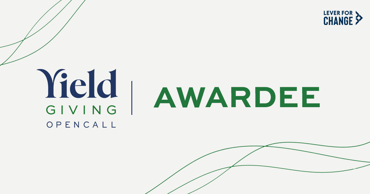 "Yield Giving Open Call Awardee" in blue and green over light background with green lines