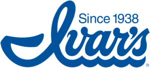 "Ivar's" in blue italics, the "I" turning into waves. Above, "Since 1938"