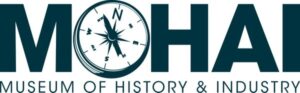 "MOHAI" bold, navy capital letters, with the "O" as a compass. Below, "Museum of History & Industry"