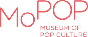 "MoPop" in thin, coral letters, the "POP" a little higher with "Museum of Pop Culture" underneath