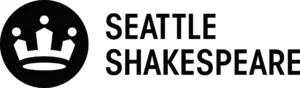 Logo, "Seattle Shakespeare" black bold letters next to a white crown in a black circle