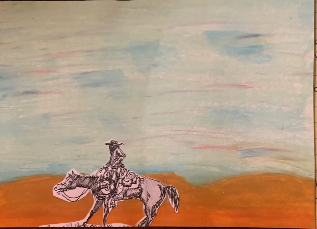 Pastel painting of a blue sky and desert, with a cutout pen drawing of a masked figure on a horse