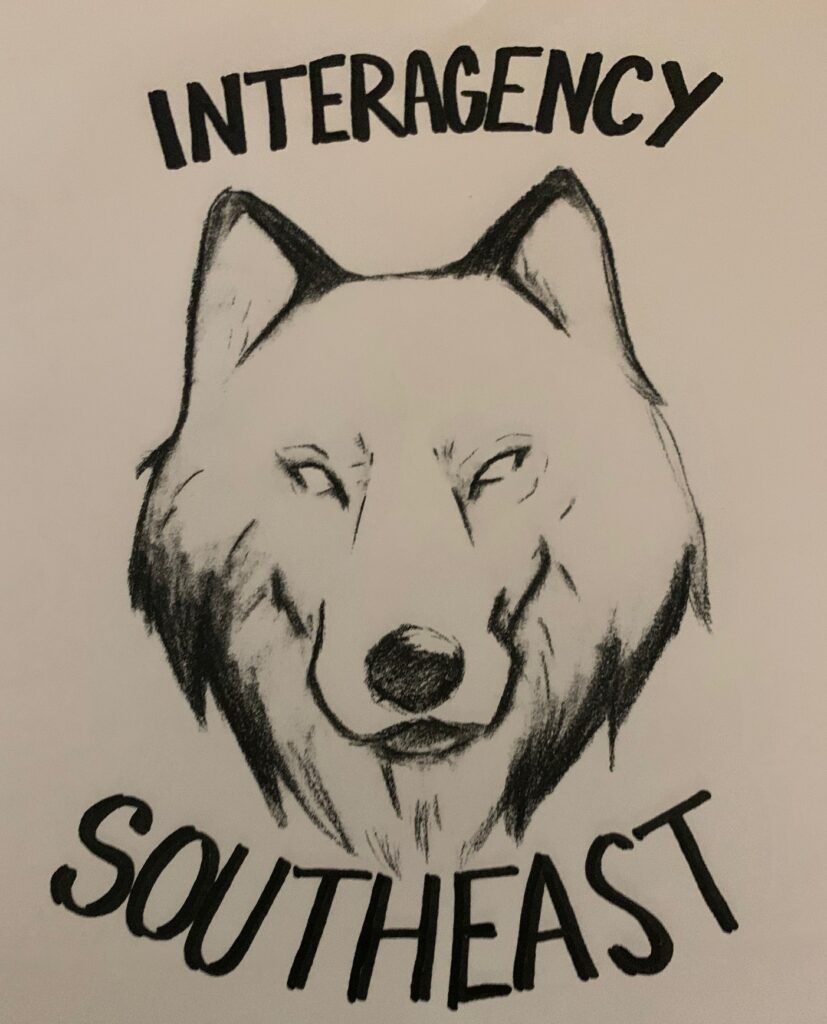 "Interagency Southeast" in bold letters around drawing of a wolf's head 