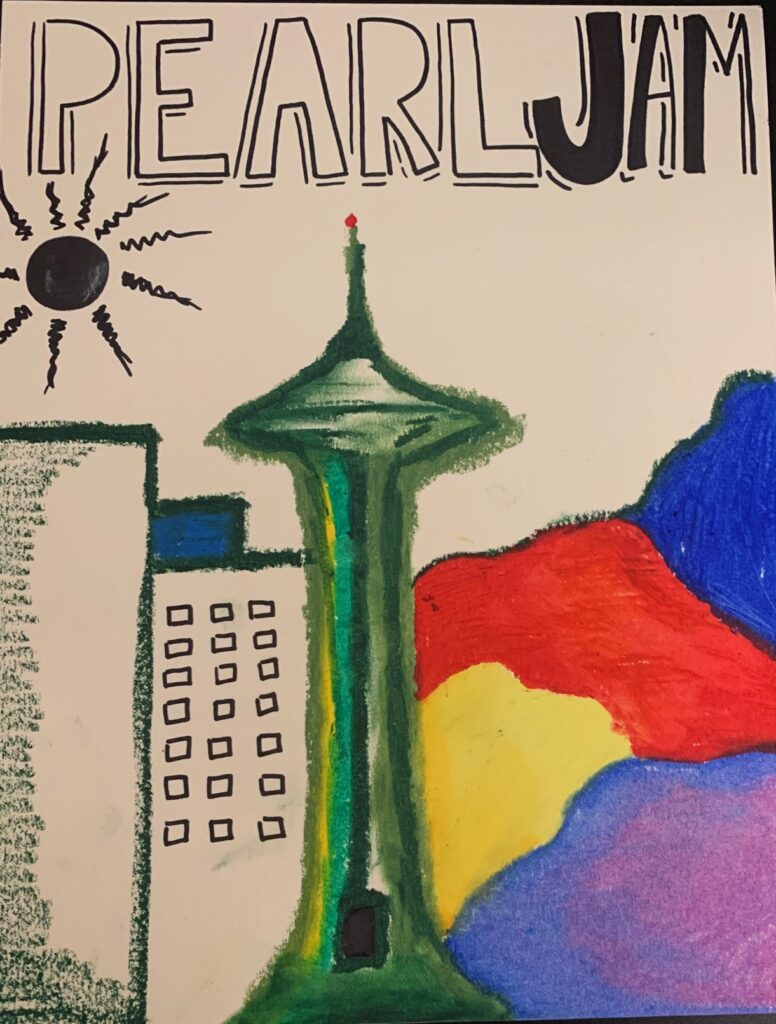 Pastel drawing of a green space needle with colorful mountains and outlines of skyscrapers, with "Pearl Jam" at top