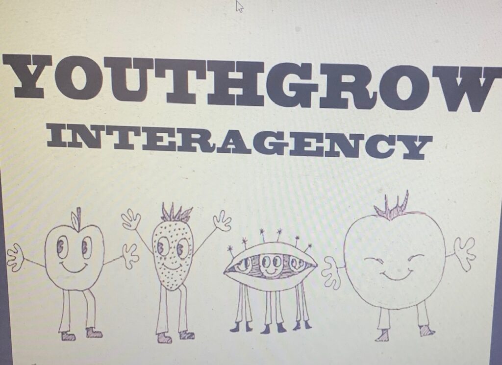 "Youthgrow Interagency" in bold letters, with drawings of an apple, a strawberry, peas, and a tomato, all happy