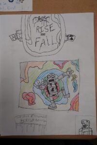 The cover of a comic hand-drawn with pen on white paper, "Rise and Fall" with a robot falling into a colorful void