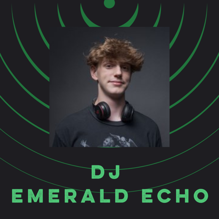 Headshot of a white teen whit blond hair and headphones, with text "DJ Emerald Echo" beneath, and graphic of sound waves