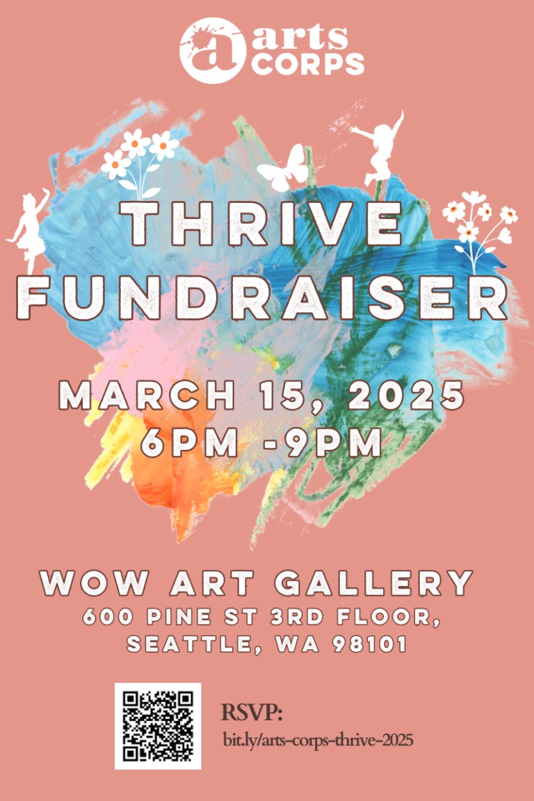 "Thrive Fundraiser, March 15, 2025, 6-9pm, WOW Art Gallery" with address and rsvp link. Background of paint over pastel pink