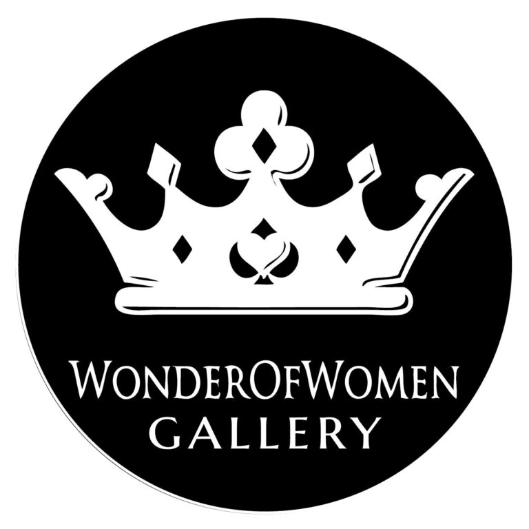 "Wonder of Women Gallery" in a serif white font inside a black circle, under a white crown.