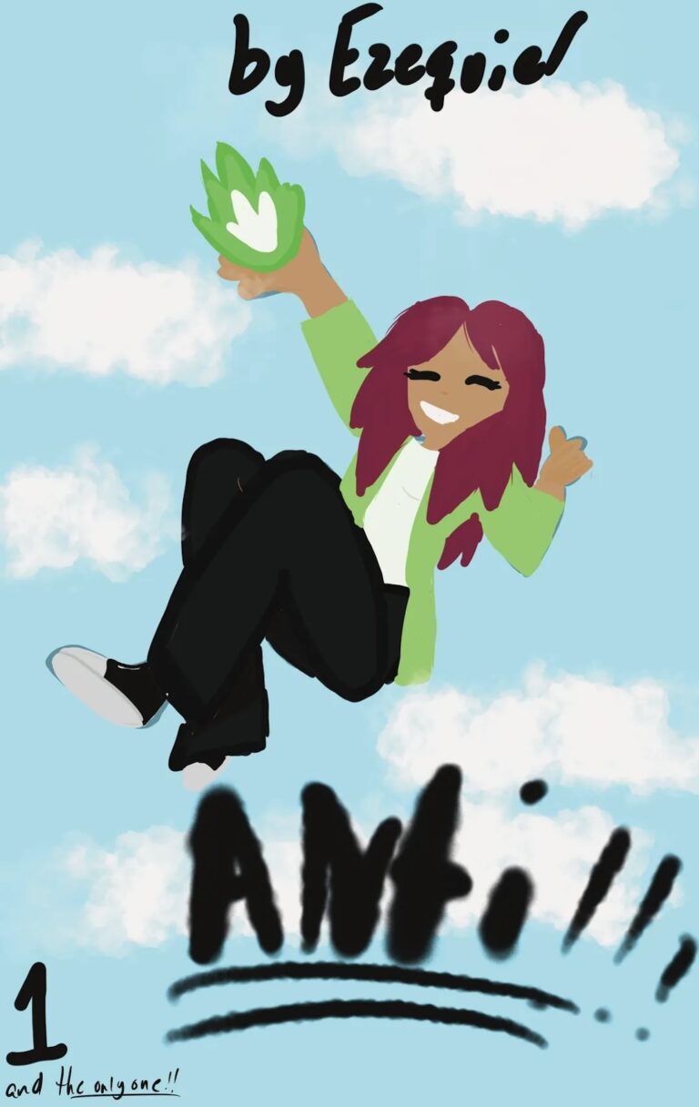 Drawing of a person creating a green flame in her hand, in the sky. "By Ezequiel. Anti!!!, 1 and the only one!!"