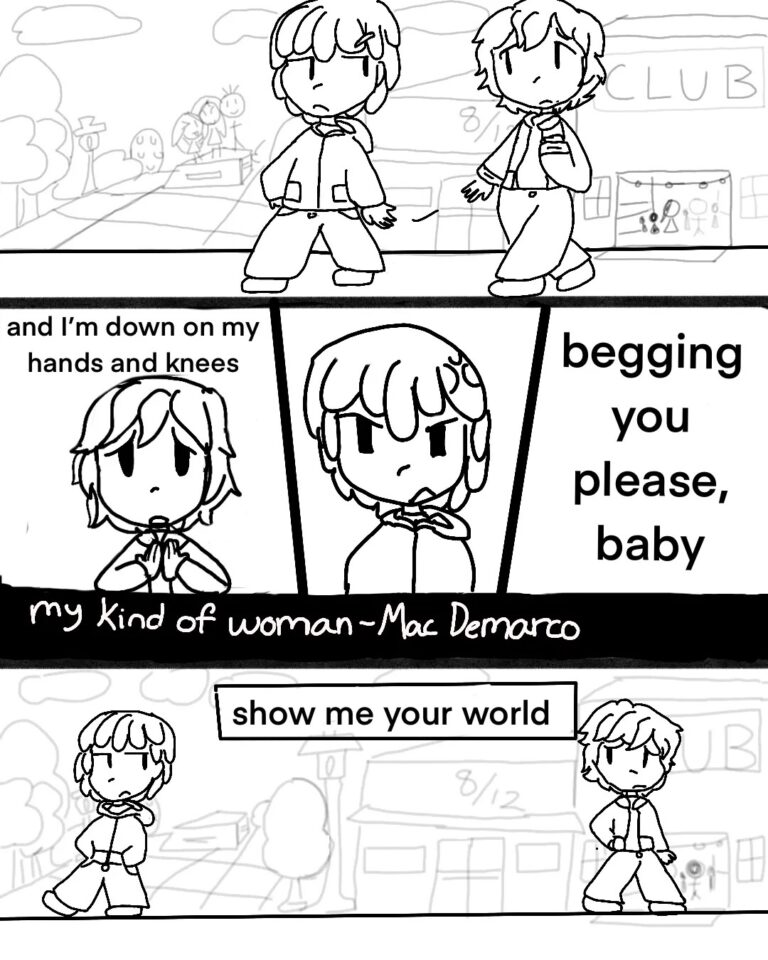 A comic of two people walking together arguing and then separating, a city street as background