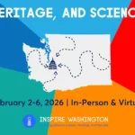 Banner for Arts, heritage and science week 2026, with "Show up for your culture!" and graphic of Washington with roads leading to Olympia.