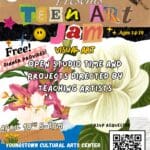 Flyer "Arts Corps presents Teen Art Jam, visual art open studio time & projects directed by teaching artists” in magazine cutout style