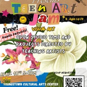 Flyer "Arts Corps presents Teen Art Jam, visual art open studio time & projects directed by teaching artists” in magazine cutout style