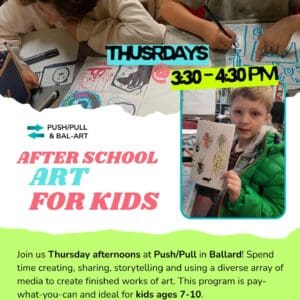 Flyer for After School Art for Kids, with text in brightly colored boxes and photos of youth making and holding up art.