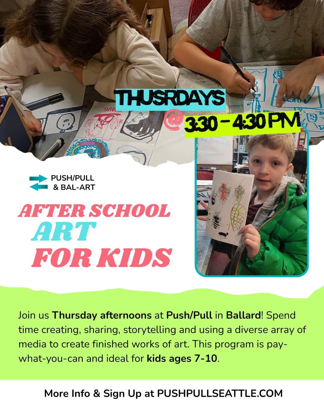 Flyer for After School Art for Kids, with text in brightly colored boxes and photos of youth making and holding up art.