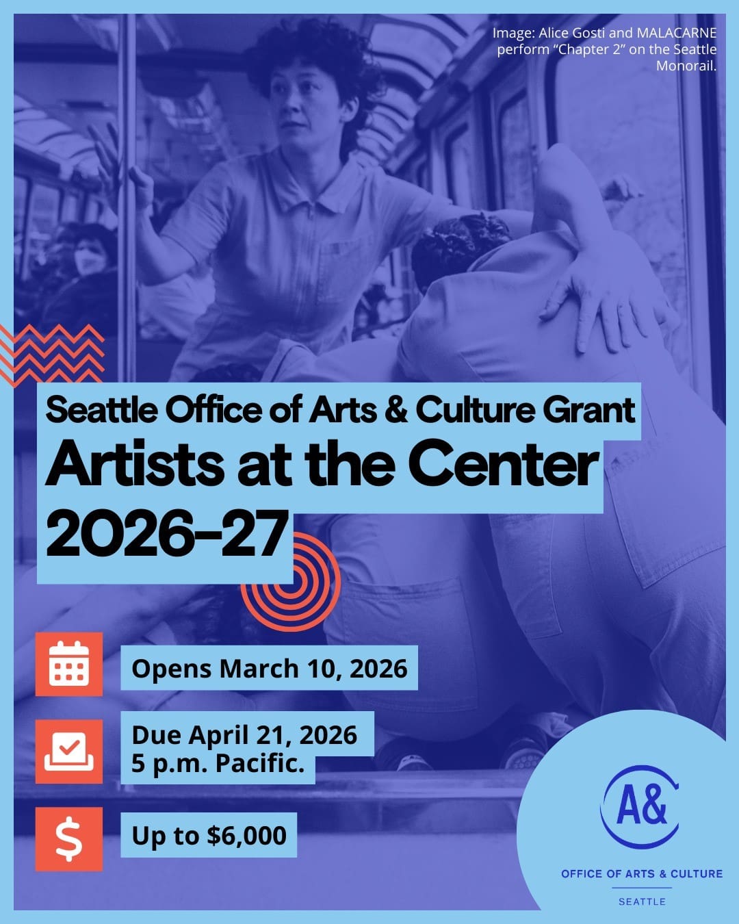 Flyer for "Seattle Office of Arts & Culture grant Artists at the Center 2026-27" with purple background photo of woman in bus.