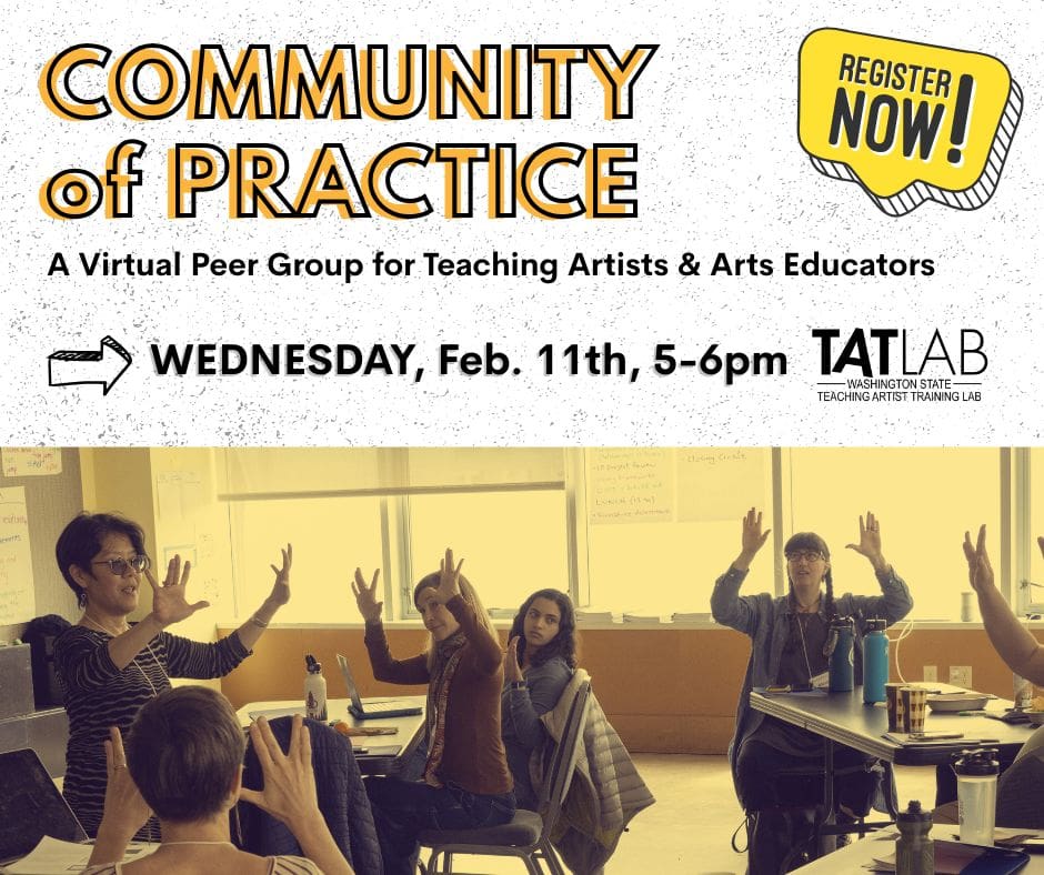 Banner for "Community of Practice" with date, time, and TAT Lab logo. Below, a photo of adults in a classroom.
