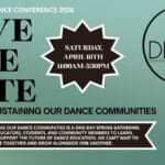 Green banner. "Save the date" for "Grow: Sustaining our dance Communities", with date and description in white text over black.
