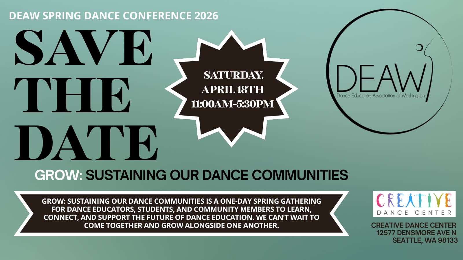 Green banner. "Save the date" for "Grow: Sustaining our dance Communities", with date and description in white text over black.