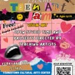 Flyer "Arts Corps presents Teen Art Jam, visual art open studio time & projects directed by teaching artists” in magazine cutout style