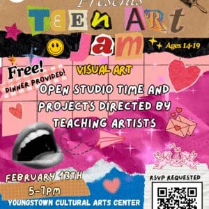 Flyer "Arts Corps presents Teen Art Jam, visual art open studio time & projects directed by teaching artists” in magazine cutout style