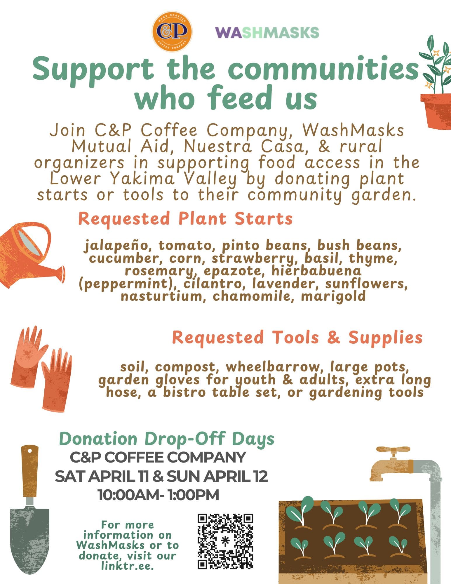 Flyer reading "Support the communities who feed us" with details on donation drive for starters and garden supplies.