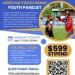 Flyer for "Hope for youth grant youth panelists" with brief description of opportunity, application details, and photo of youth.