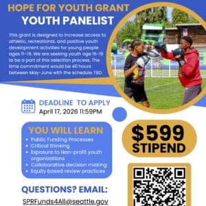 Flyer for "Hope for youth grant youth panelists" with brief description of opportunity, application details, and photo of youth.
