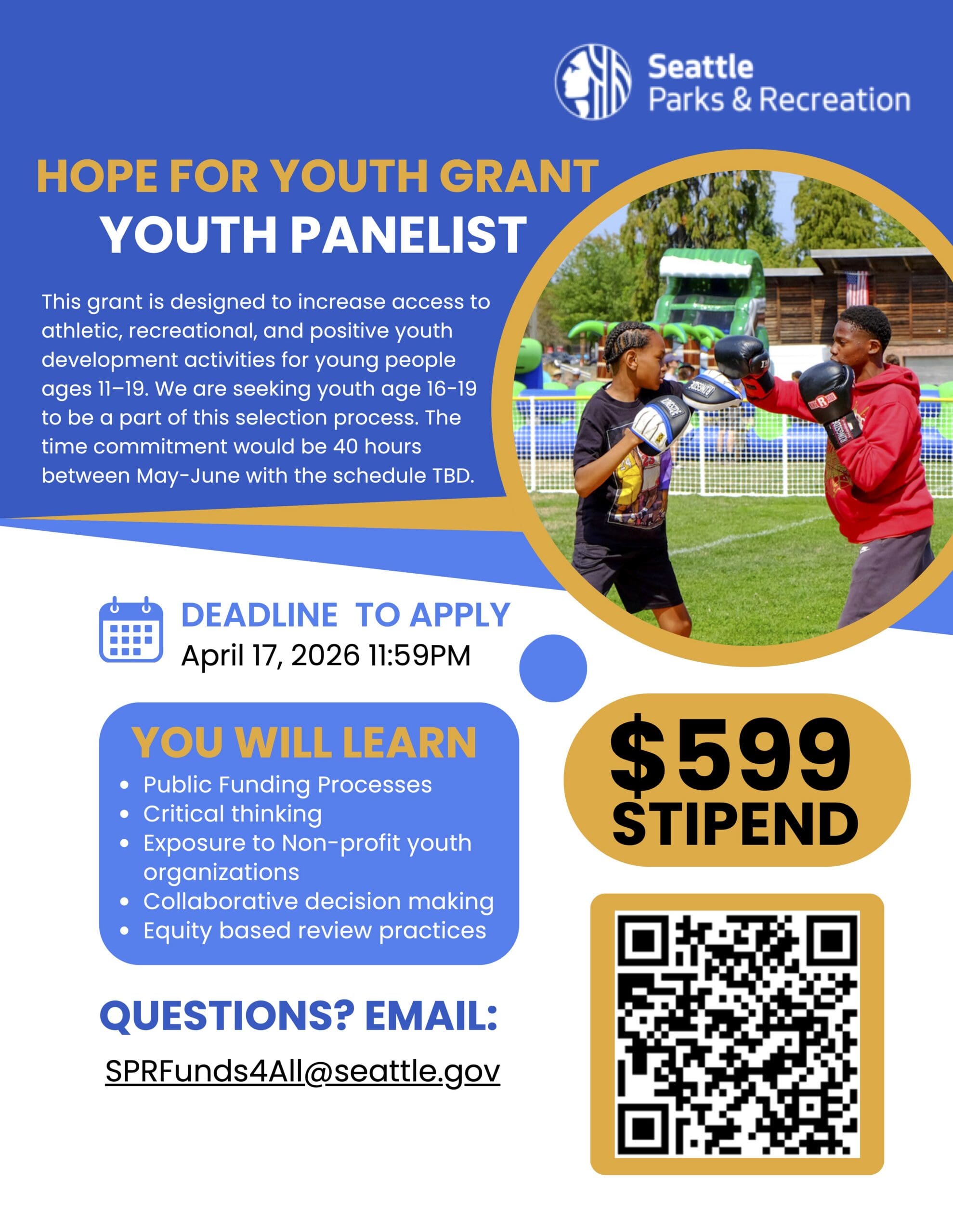Flyer for "Hope for youth grant youth panelists" with brief description of opportunity, application details, and photo of youth.