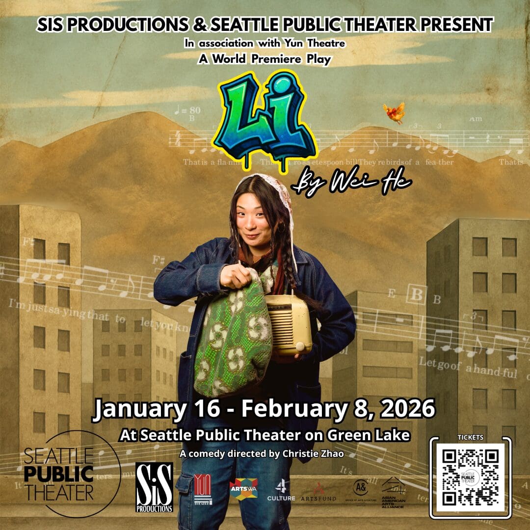 Graphic for theatre show, "Li" with title written in graffiti style and a photo of actor Adele Lim over background of a city.