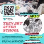Flyer for teen art after school program by Push/Pull with graphics, text in boxes, and photo of students working.