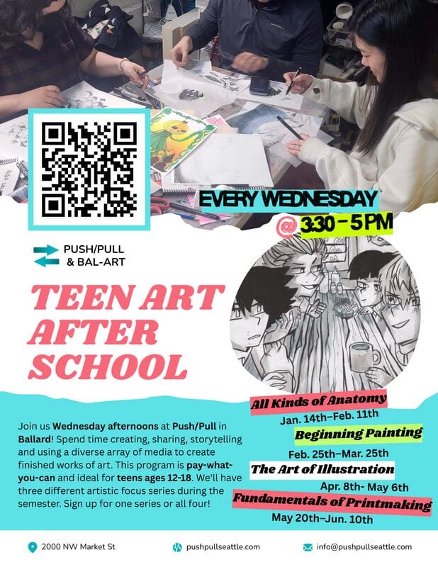 Flyer for teen art after school program by Push/Pull with graphics, text in boxes, and photo of students working.