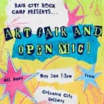 Flyer with cutout letters spelling "Art Fair and Open Mic" with cutout text giving details and gradient background.