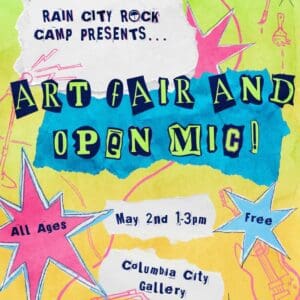 Flyer with cutout letters spelling "Art Fair and Open Mic" with cutout text giving details and gradient background.