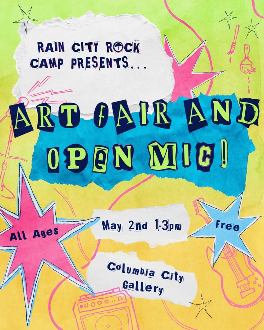 Flyer with cutout letters spelling "Art Fair and Open Mic" with cutout text giving details and gradient background.