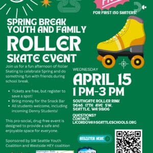 Flyer for "Spring Break Youth and Family Roller Skate Event". Green background, white text giving details of event.