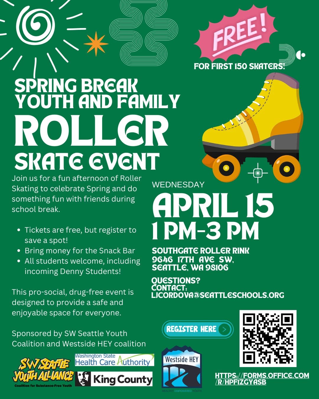 Flyer for "Spring Break Youth and Family Roller Skate Event". Green background, white text giving details of event.