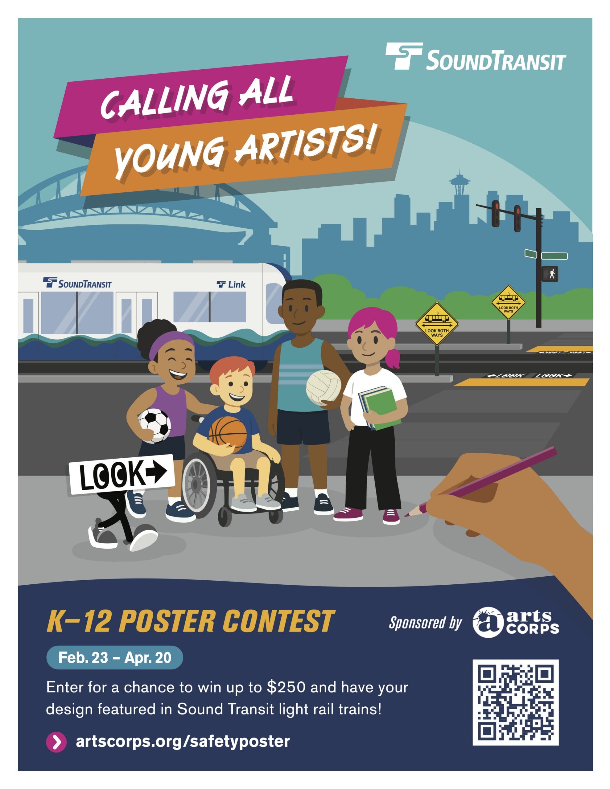 Flyer from Sound Transit for "K-12 Poster Contest" with a graphic of youth near the link light rail.