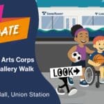 "Save the Date" banner for Sound Transit x Arts Corps Safety Poster Gallery Walk with text for when and where and graphics of youth.
