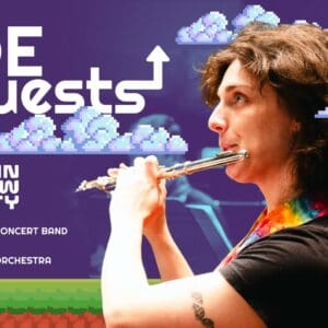 Banner with the title "Side quests" with a photo of someone playing flute over a video game background.